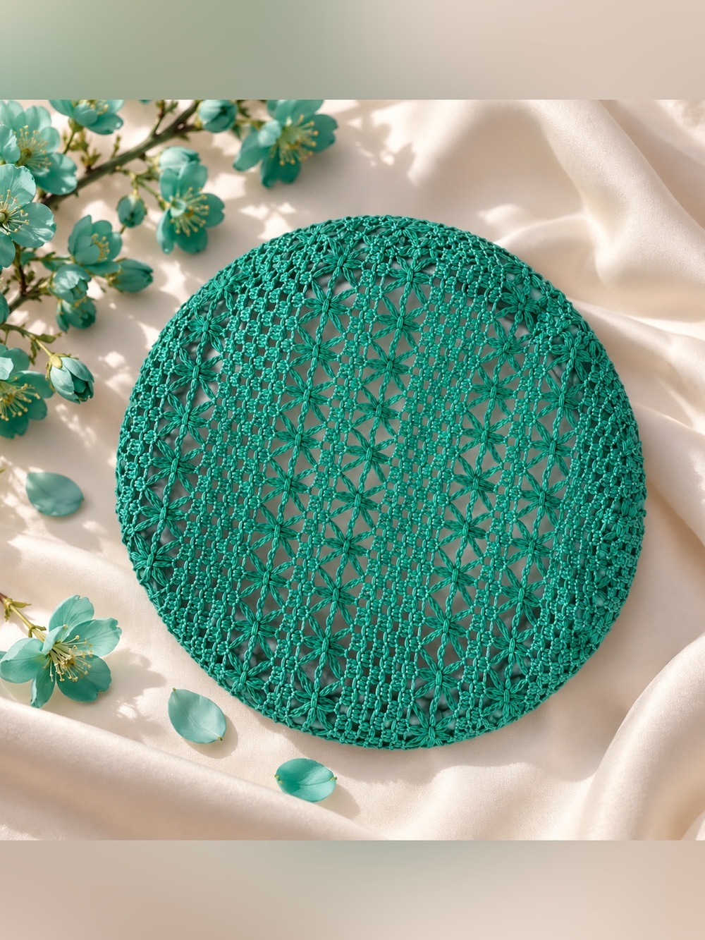 Teal Crochet Beret Hat | Chic Floral Open-Knit Style